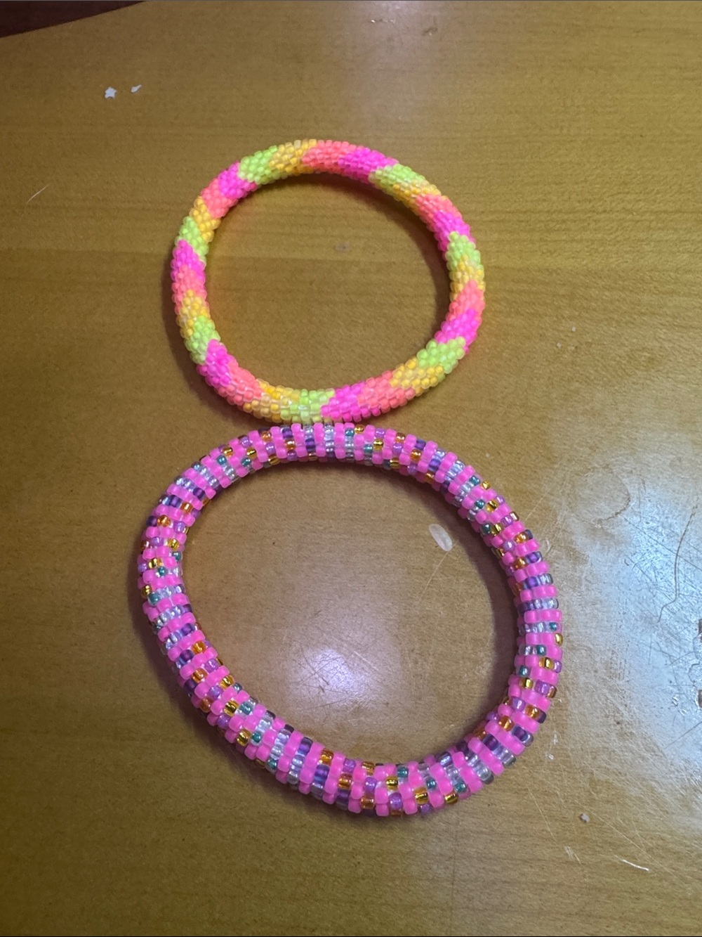 2 Sashka co Neon Beaded Stretch Bracelets - Pink, Yellow, Green